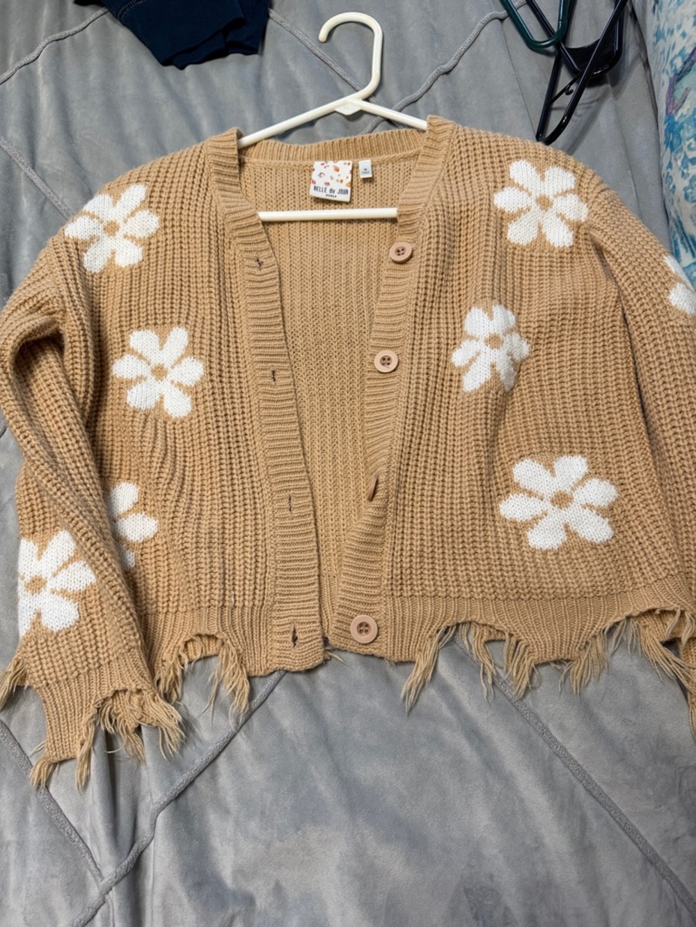 Belle Du Jour Tan Cardigan with White Daisy Motif